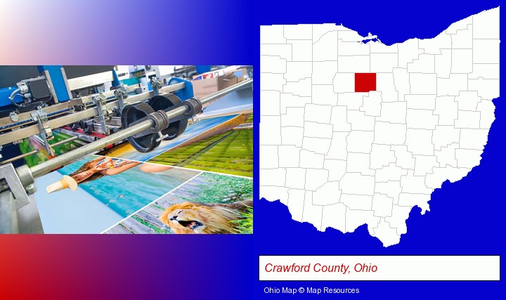 a press run on an offset printer; Crawford County, Ohio highlighted in red on a map