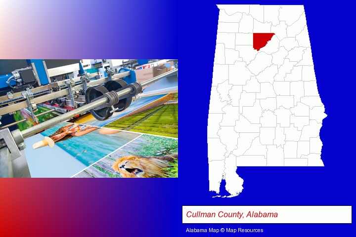 a press run on an offset printer; Cullman County, Alabama highlighted in red on a map