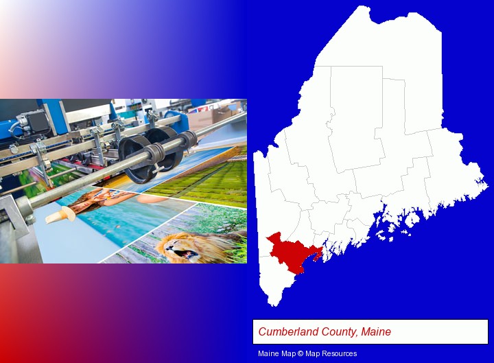 a press run on an offset printer; Cumberland County, Maine highlighted in red on a map