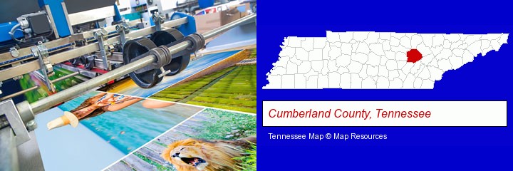 a press run on an offset printer; Cumberland County, Tennessee highlighted in red on a map