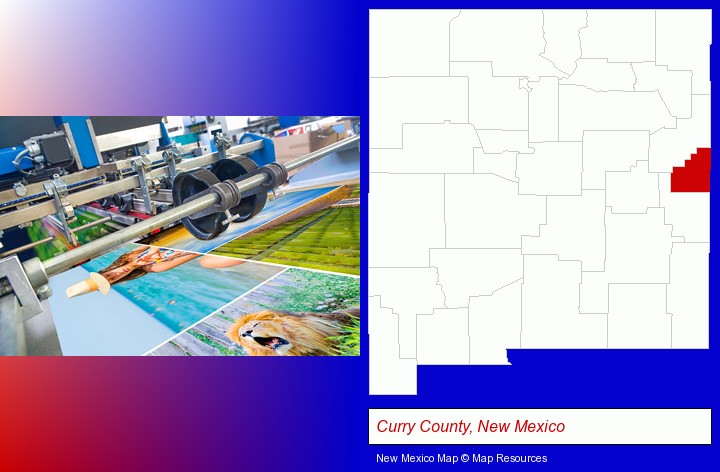 a press run on an offset printer; Curry County, New Mexico highlighted in red on a map