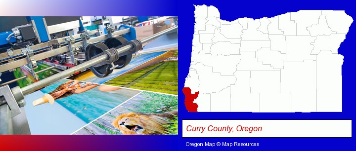 a press run on an offset printer; Curry County, Oregon highlighted in red on a map
