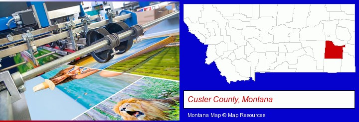 a press run on an offset printer; Custer County, Montana highlighted in red on a map