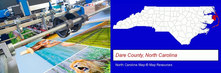 a press run on an offset printer; Dare County, North Carolina highlighted in red on a map