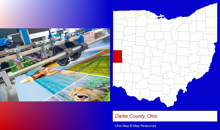a press run on an offset printer; Darke County, Ohio highlighted in red on a map