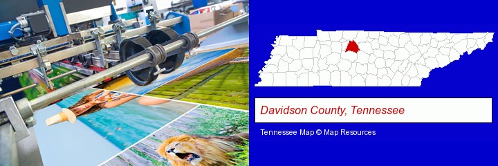 a press run on an offset printer; Davidson County, Tennessee highlighted in red on a map
