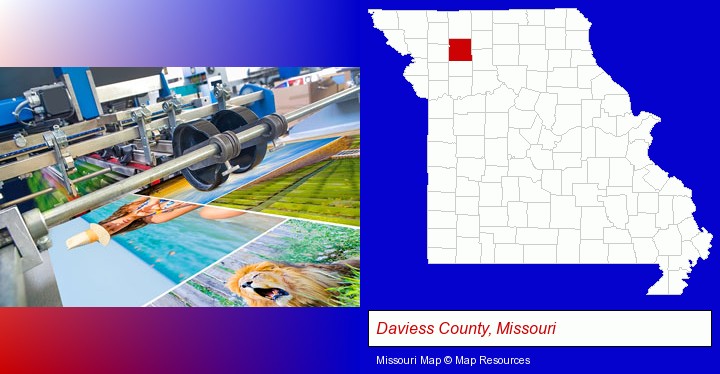 a press run on an offset printer; Daviess County, Missouri highlighted in red on a map