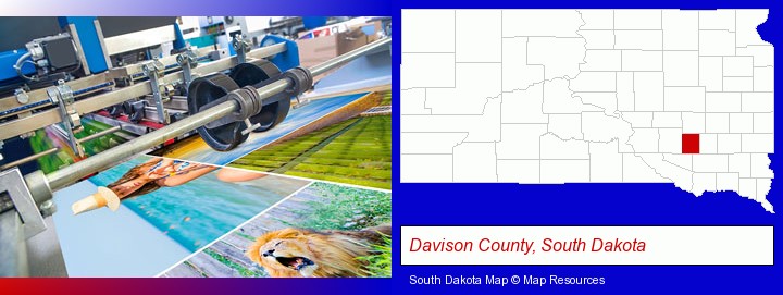 a press run on an offset printer; Davison County, South Dakota highlighted in red on a map