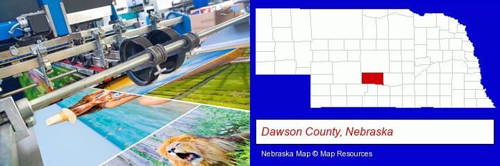 a press run on an offset printer; Dawson County, Nebraska highlighted in red on a map