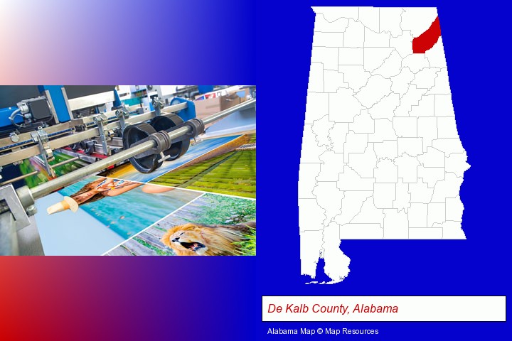 a press run on an offset printer; De Kalb County, Alabama highlighted in red on a map
