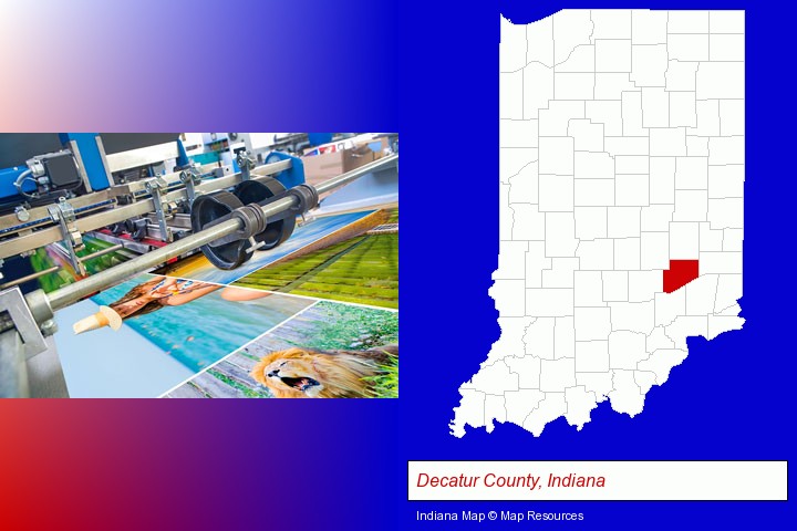 a press run on an offset printer; Decatur County, Indiana highlighted in red on a map