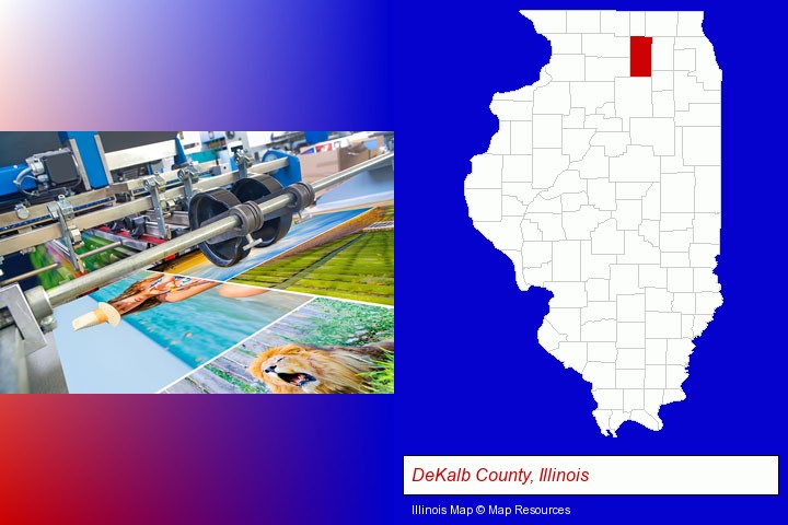 a press run on an offset printer; DeKalb County, Illinois highlighted in red on a map