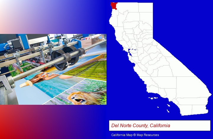 a press run on an offset printer; Del Norte County, California highlighted in red on a map