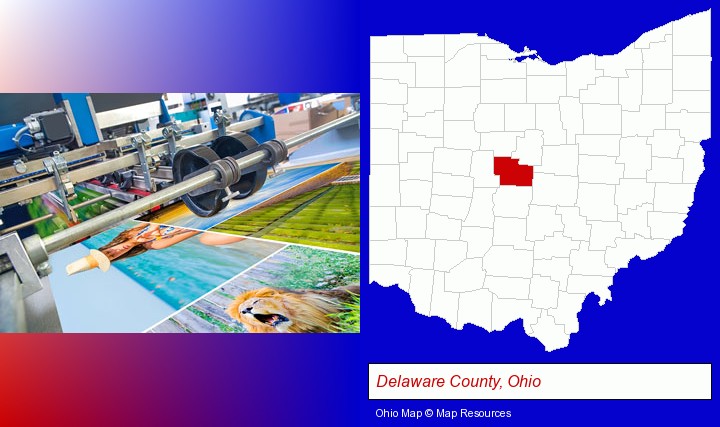 a press run on an offset printer; Delaware County, Ohio highlighted in red on a map
