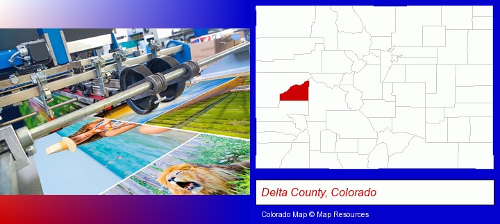 a press run on an offset printer; Delta County, Colorado highlighted in red on a map