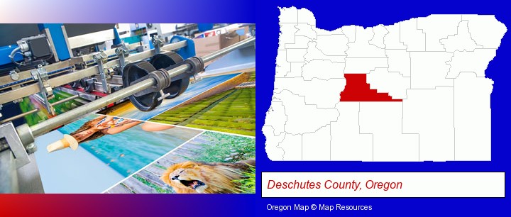 a press run on an offset printer; Deschutes County, Oregon highlighted in red on a map