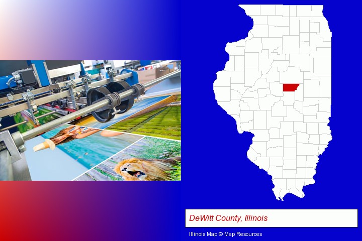 a press run on an offset printer; DeWitt County, Illinois highlighted in red on a map