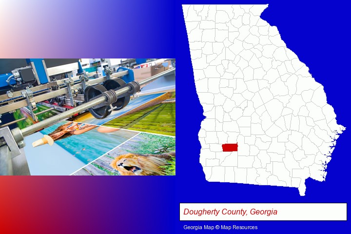 a press run on an offset printer; Dougherty County, Georgia highlighted in red on a map