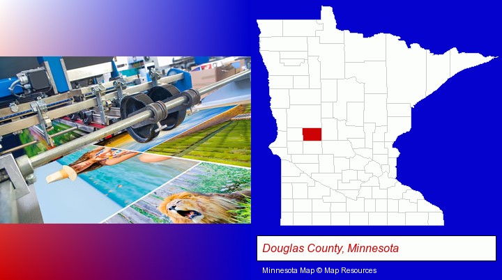 a press run on an offset printer; Douglas County, Minnesota highlighted in red on a map
