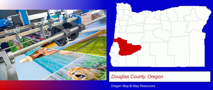 a press run on an offset printer; Douglas County, Oregon highlighted in red on a map