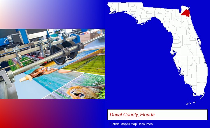 a press run on an offset printer; Duval County, Florida highlighted in red on a map