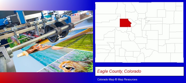 a press run on an offset printer; Eagle County, Colorado highlighted in red on a map