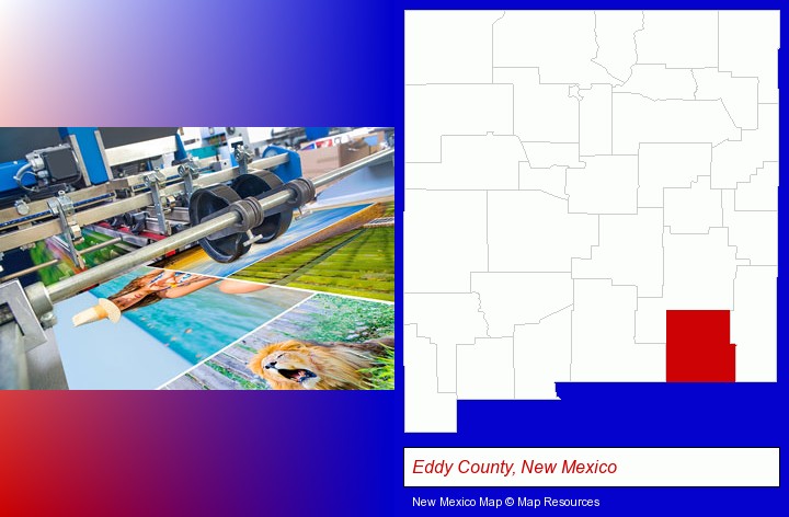 a press run on an offset printer; Eddy County, New Mexico highlighted in red on a map