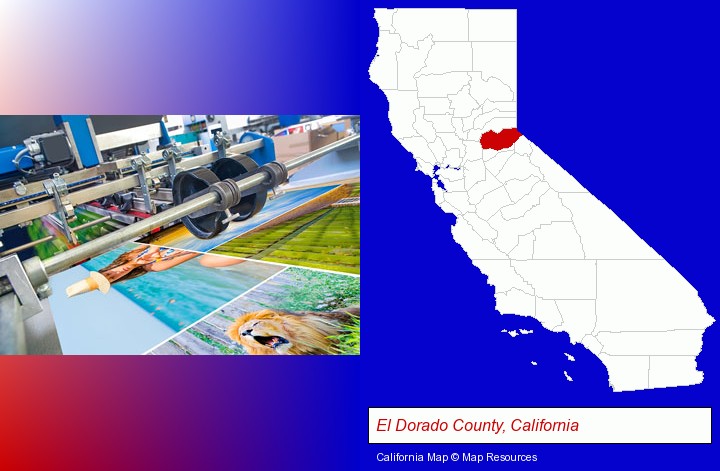 a press run on an offset printer; El Dorado County, California highlighted in red on a map