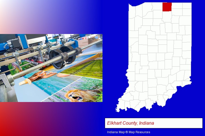 a press run on an offset printer; Elkhart County, Indiana highlighted in red on a map