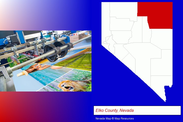 a press run on an offset printer; Elko County, Nevada highlighted in red on a map