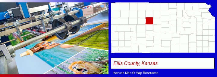 a press run on an offset printer; Ellis County, Kansas highlighted in red on a map
