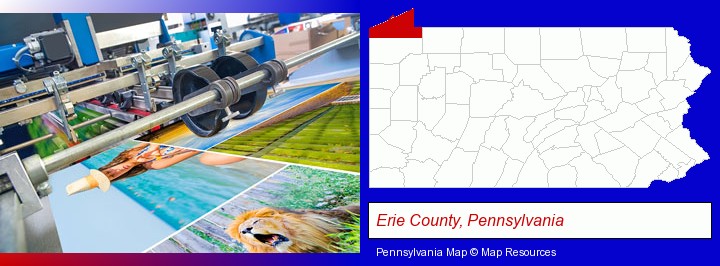 a press run on an offset printer; Erie County, Pennsylvania highlighted in red on a map