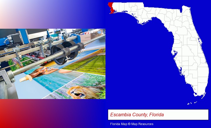 a press run on an offset printer; Escambia County, Florida highlighted in red on a map