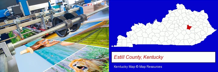 a press run on an offset printer; Estill County, Kentucky highlighted in red on a map