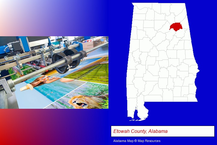 a press run on an offset printer; Etowah County, Alabama highlighted in red on a map