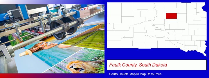 a press run on an offset printer; Faulk County, South Dakota highlighted in red on a map
