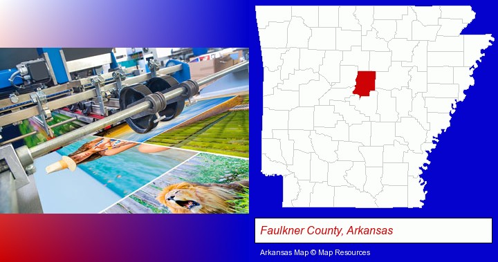 a press run on an offset printer; Faulkner County, Arkansas highlighted in red on a map