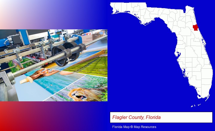 a press run on an offset printer; Flagler County, Florida highlighted in red on a map