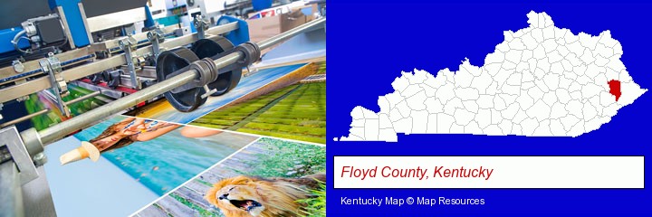 a press run on an offset printer; Floyd County, Kentucky highlighted in red on a map