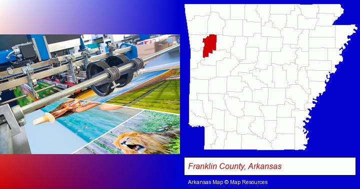 a press run on an offset printer; Franklin County, Arkansas highlighted in red on a map