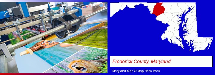 a press run on an offset printer; Frederick County, Maryland highlighted in red on a map