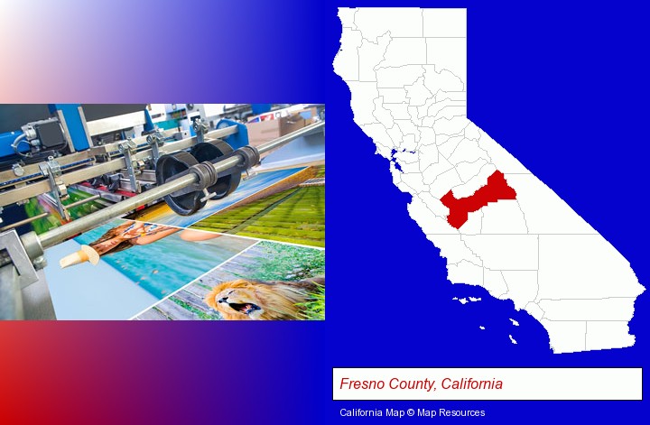 a press run on an offset printer; Fresno County, California highlighted in red on a map