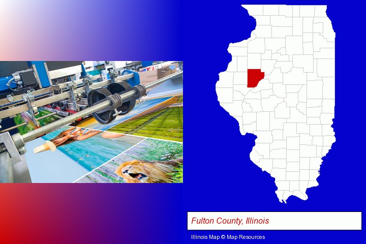 a press run on an offset printer; Fulton County, Illinois highlighted in red on a map