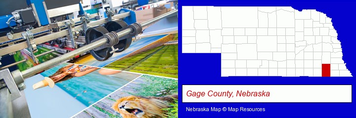 a press run on an offset printer; Gage County, Nebraska highlighted in red on a map