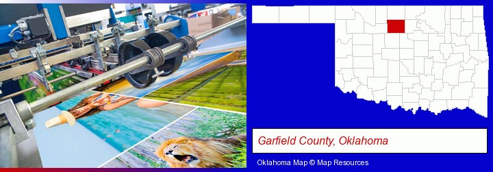 a press run on an offset printer; Garfield County, Oklahoma highlighted in red on a map