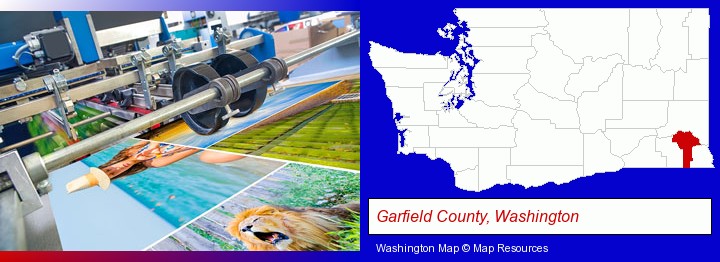 a press run on an offset printer; Garfield County, Washington highlighted in red on a map