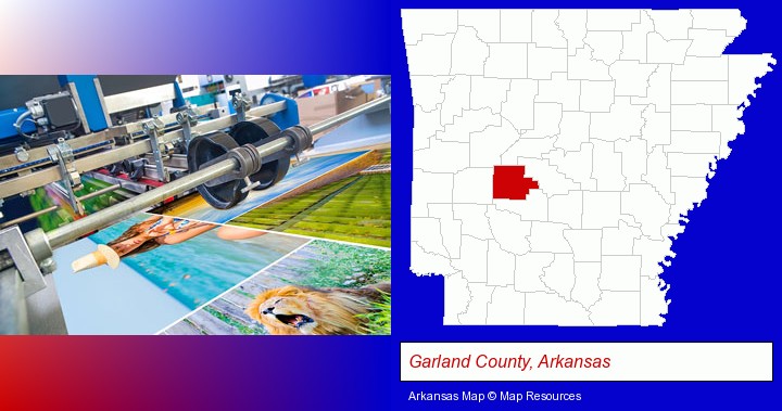 a press run on an offset printer; Garland County, Arkansas highlighted in red on a map