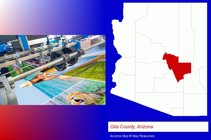a press run on an offset printer; Gila County, Arizona highlighted in red on a map