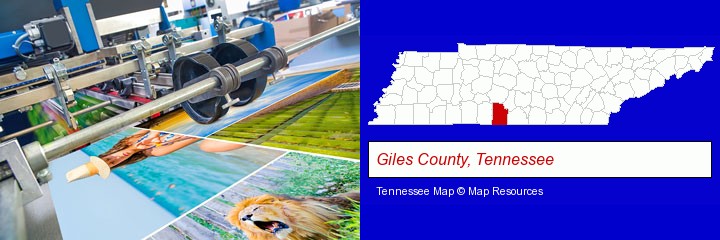 a press run on an offset printer; Giles County, Tennessee highlighted in red on a map