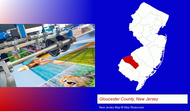a press run on an offset printer; Gloucester County, New Jersey highlighted in red on a map